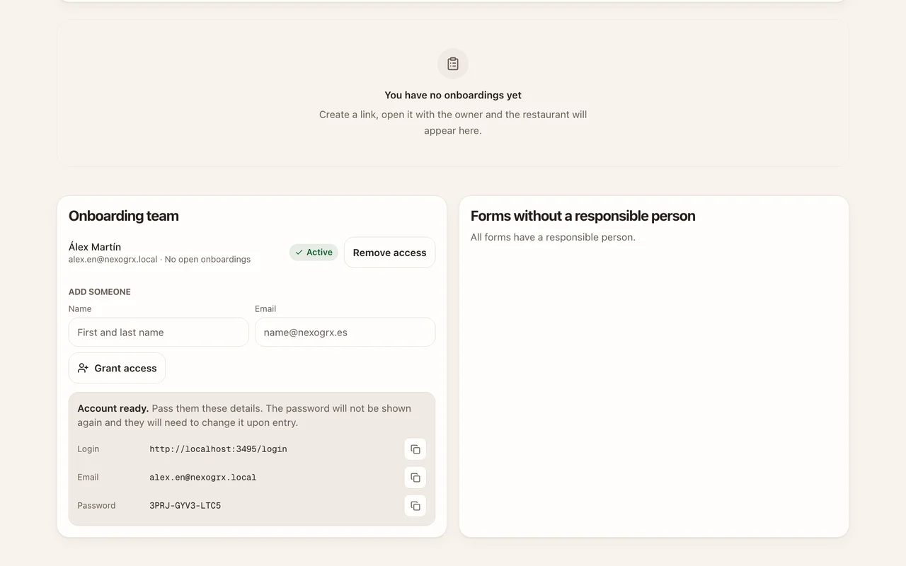 Onboarding team panel with the new account