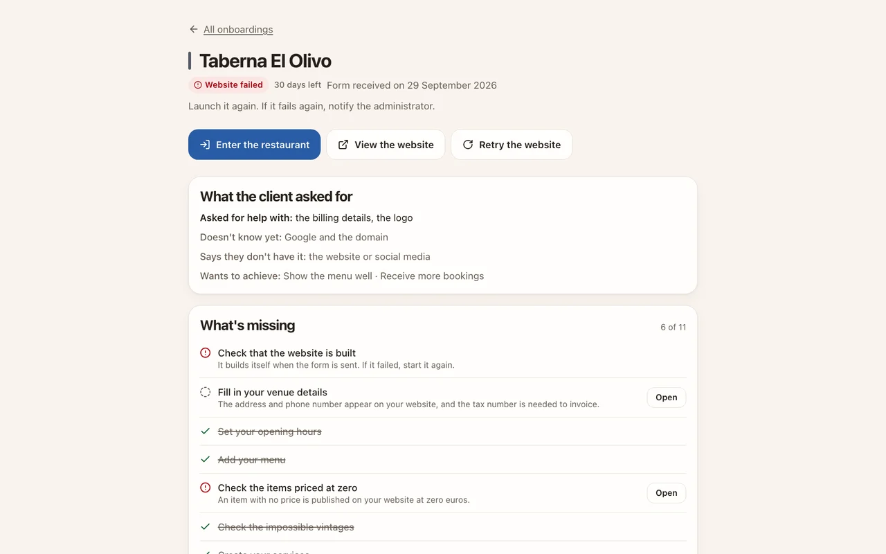 Onboarding record with the Retry the website button