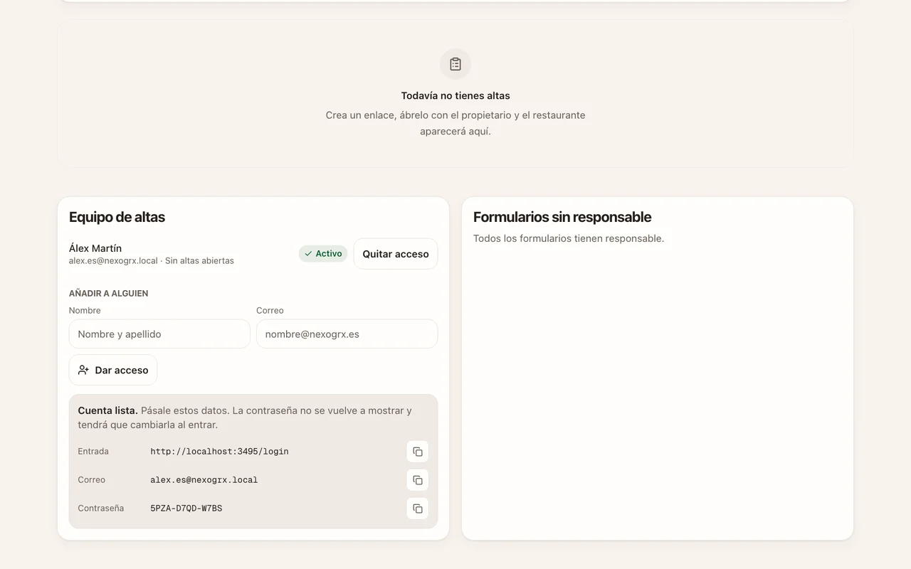 Panel Equipo de altas con la cuenta recién creada
