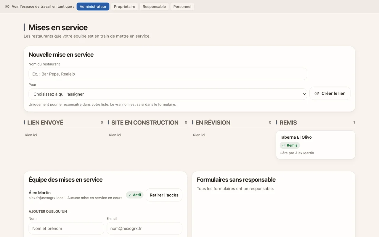 Tableau de l’administrateur avec le restaurant remis