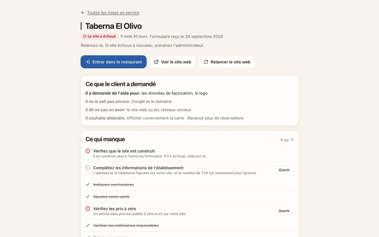Fiche avec le bouton Relancer le site web